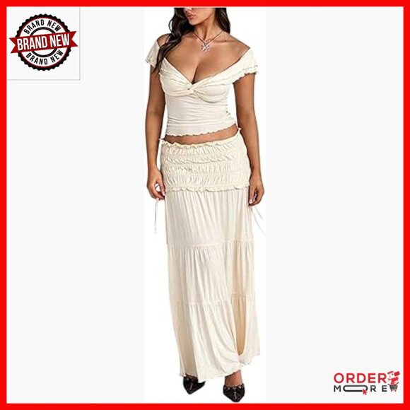 Dresses & Skirts - Large 2-Piece Skirt Set with Off-Shoulder Crop Top and Ruffle Maxi Skirt
